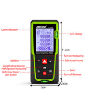 Load image into Gallery viewer, Zokoun Laser Distance Measure 328Ft, Backlit LCD, M/in/Ft with High Accuracy Pythagorean Mode, Measure Distance, Area and Volume, Record Storage 99 data and include 2 AAA Battery (CS100)