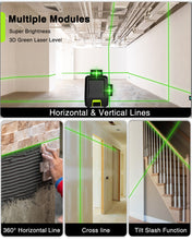 Загрузить изображение в средство просмотра галереи, Zokoun 3D Laser Level Green AK360G with Pulse Mode, Switchable 3X 360 Cross Line 12Lines Self Leveling with USB Rechargeable Battery, 2X360 Vertical+1x360 Horizontal Lines, with 360° Magnetic Base