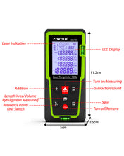 Załaduj obraz do przeglądarki galerii, Zokoun Laser Distance Measure 328Ft, Backlit LCD, M/in/Ft with High Accuracy Pythagorean Mode, Measure Distance, Area and Volume, Record Storage 99 data and include 2 AAA Battery (CS100)
