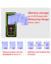 Load image into Gallery viewer, Zokoun Laser Distance Measure 328Ft, Backlit LCD, M/in/Ft with High Accuracy Pythagorean Mode, Measure Distance, Area and Volume, Record Storage 99 data and include 2 AAA Battery (CS100)
