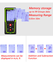 Charger l&#39;image dans la galerie, Zokoun Laser Distance Measure 165Ft, Backlit LCD, M/in/Ft with High Accuracy Pythagorean Mode, Measure Distance, Area and Volume, Record Storage 99 data and include 2 AAA Battery (CS50)
