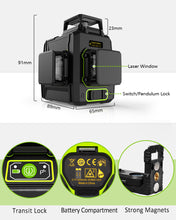 Załaduj obraz do przeglądarki galerii, Zokoun 3D Laser Level Green AK360G with Pulse Mode, Switchable 3X 360 Cross Line 12Lines Self Leveling with USB Rechargeable Battery, 2X360 Vertical+1x360 Horizontal Lines, with 360° Magnetic Base
